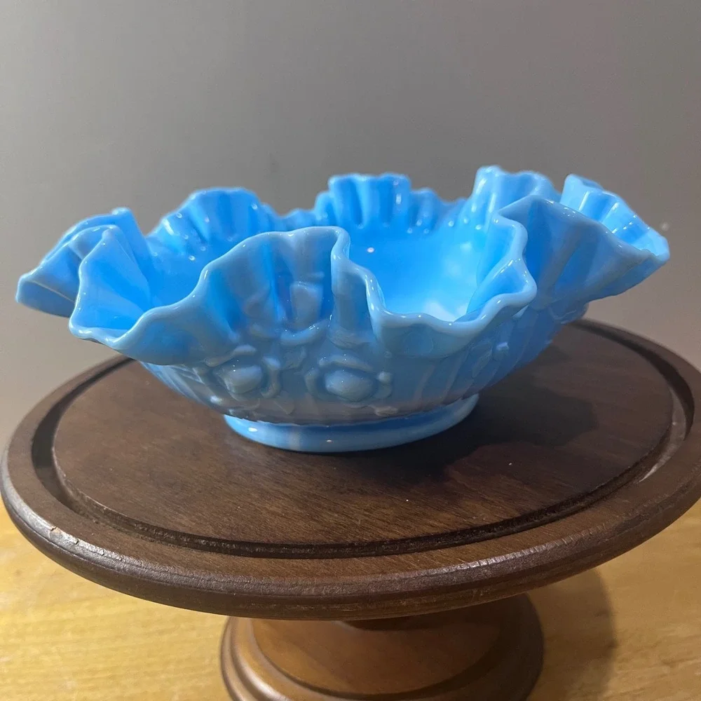 Vtg Fenton Blue Slag Glass Cabbage Rose Ruffled Edge Decorative Bowl 8